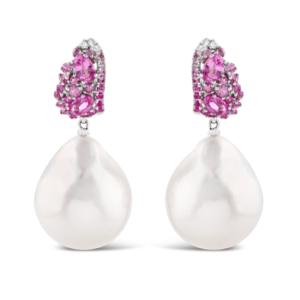 White Gold, Baroque South Sea Pearl, Pink Sapphire & Diamond Earrings